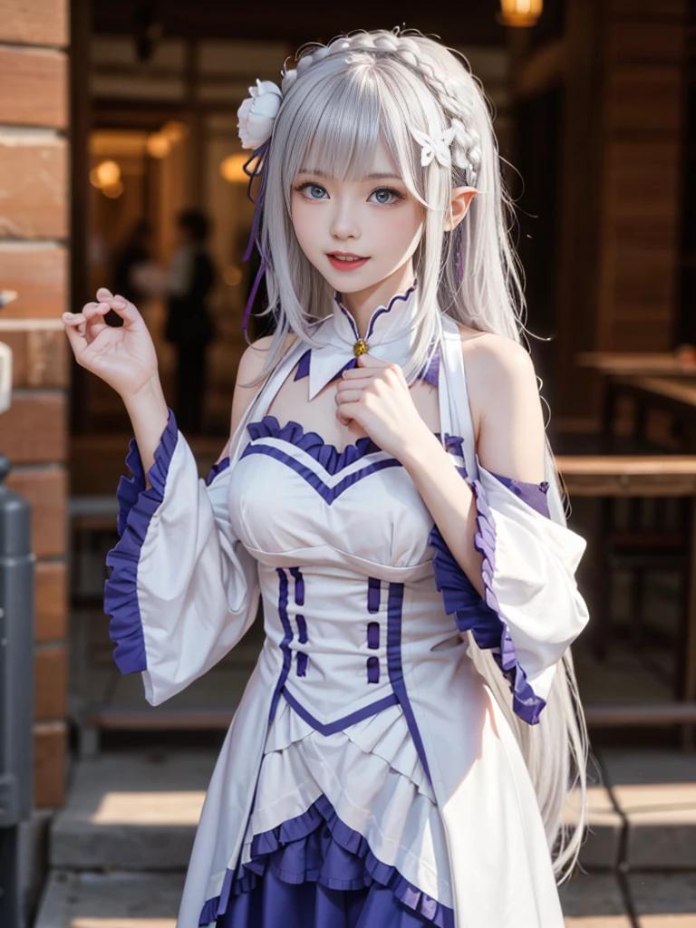 Highest quality、High resolution、Ultra-detailed、8k, Emilia、Emilia Masterpiece、Highest quality, In the castle courtyard, Bans, Clothes are white, 長いsleevemouth, just_shoulder, dull_前hair, Blurred, Blurred_background, Blurred_prospect, blush, Braid, chestout, chestの谷間, Closed_mouth, cloud, crown_Braiding, Tag, depth_In_Field, independent_sleeve, dress, Emilia_\(Again:Stay Night\), eyebrows_appear_Through_hair, flower柄, Precious stones, hair_flower, hair_Decorations have been removed, hair_ribbon, lens_Flare, length_hair, look up_in_Audience, low_length_hair, Moderate_chest, One_eye_Closed, Plein Air, Pleats_skirt, Spiky_ear, purple_eye, purple_ribbon, ribbon, Silver_hair, skirtの, null, Laughter, solo, very_length_hair, white_flower