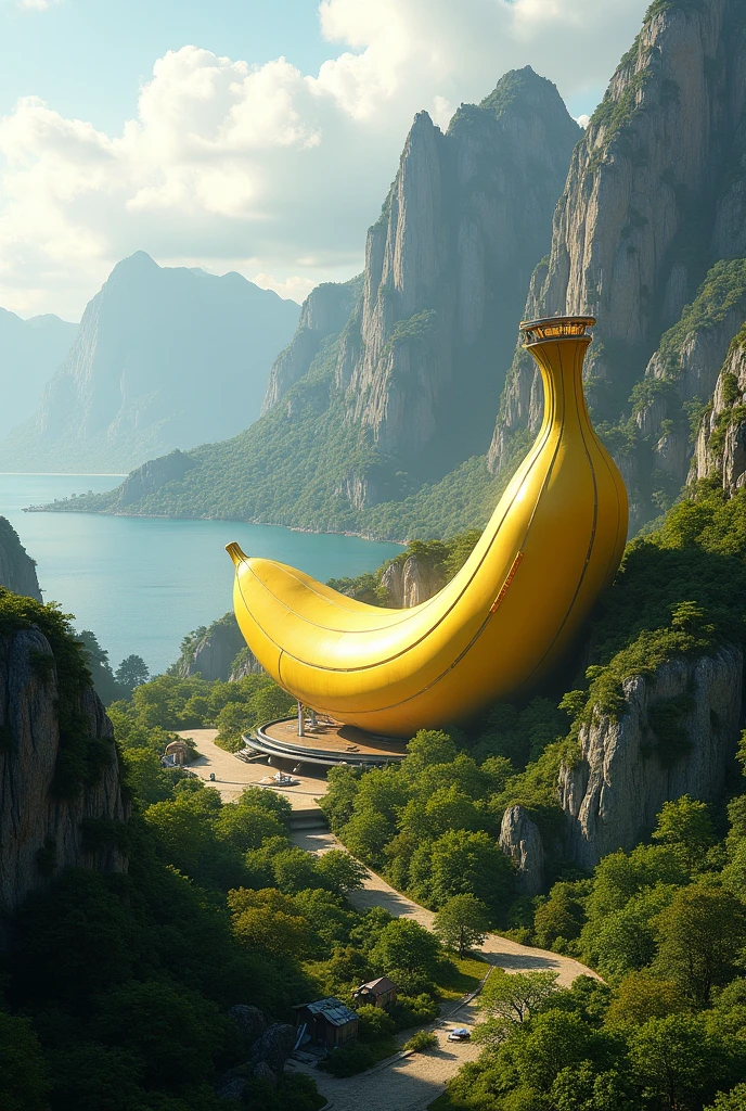 Create an image of a futuristic building looks like banana with beautiful scenery.
