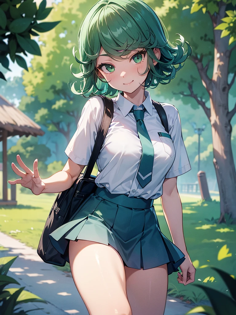 (high res, 8K, masterpiece, looking at viewer, best quality, very aesthetic, ultra detailed, ultra background, ultra Eyes) intricate details, 1girl, Tatsumaki, short sleeved white shirt, Light Blue Gray short skirt, Pockets on the left chest, light Blue Gray tie, Not wearing a bag, green short hair, green eyes, Smile Face, Background Zoo, Cinematic Angle