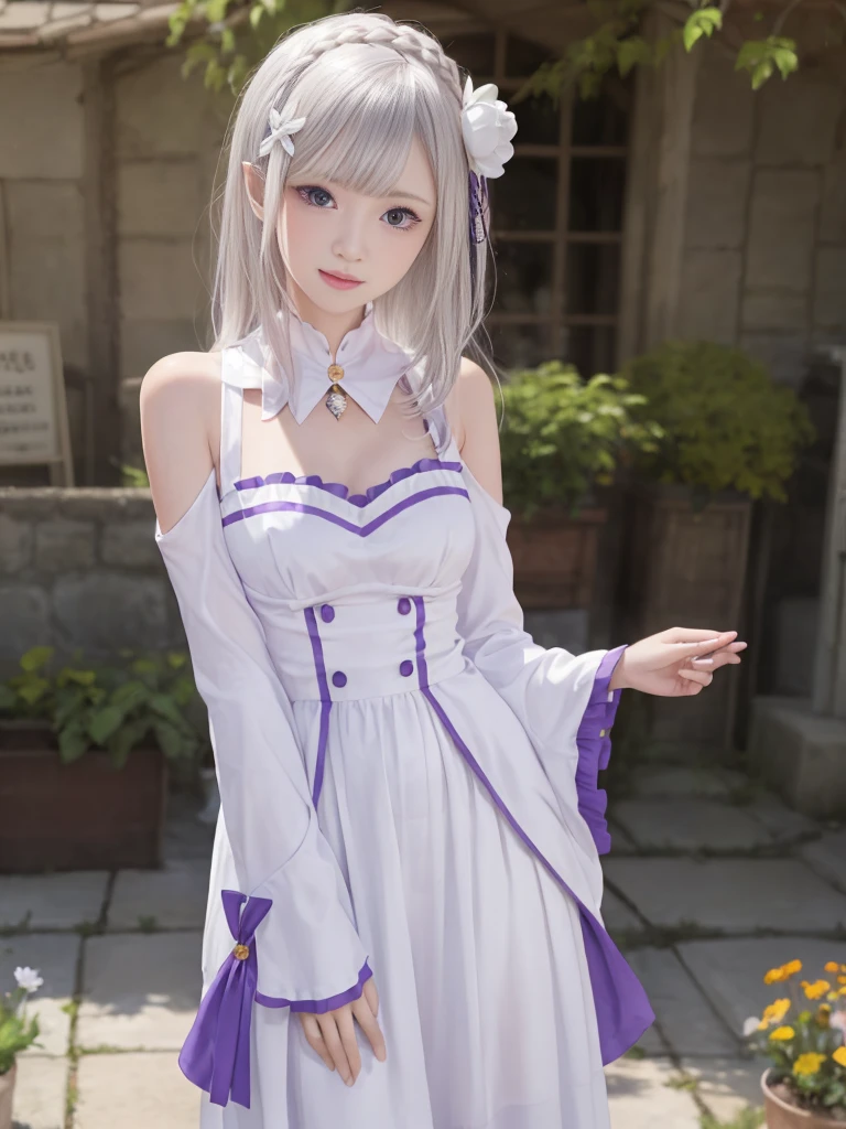 Highest quality、High resolution、Ultra-detailed、8k, Emilia、Emilia Masterpiece、Highest quality, In the castle courtyard, Bans, Clothes are white, 長いsleevemouth, just_shoulder, dull_前hair, Blurred, Blurred_background, Blurred_prospect, blush, Braid, chestout, chestの谷間, Closed_mouth, cloud, crown_Braiding, Tag, depth_In_Field, independent_sleeve, dress, Emilia_\(Again:Stay Night\), eyebrows_appear_Through_hair, flower柄, Precious stones, hair_flower, hair_Decorations have been removed, hair_ribbon, lens_Flare, length_hair, look up_in_Audience, low_length_hair, Moderate_chest, One_eye_Closed, Plein Air, Pleats_skirt, Spiky_ear, purple_eye, purple_ribbon, ribbon, Silver_hair, skirtの, null, Laughter, solo, very_length_hair, white_flower