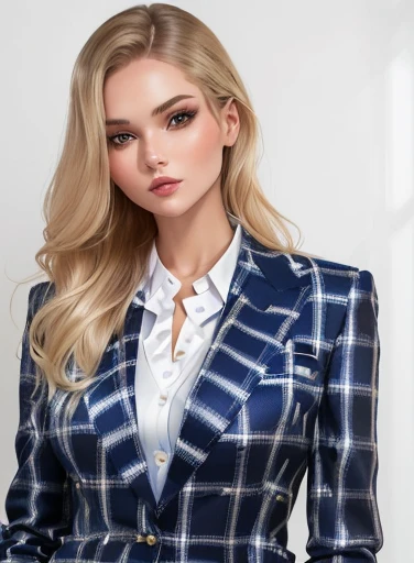 woman in blue and white checkered suit posing for a photo, girl in a suit, girl in a suit, Alexandra Valishevskaya, office clothes, Magdalena more often, style of Yulia Razumova, business clothes, John shouted, Business lady, business attire, yelena belova, Woman in a business suit