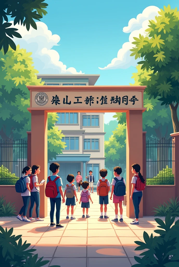 there are four children walking in front of a chalk board, by Liao Chi-chun, detailed school background, school class, illustration!, highschool background, by Li Mei-shu, by Chizuko Yoshida, classroom background, children illustration, children\'s book drawing, an illustration, overlaid with chinese text, by Bernardino Mei, chalk digital art