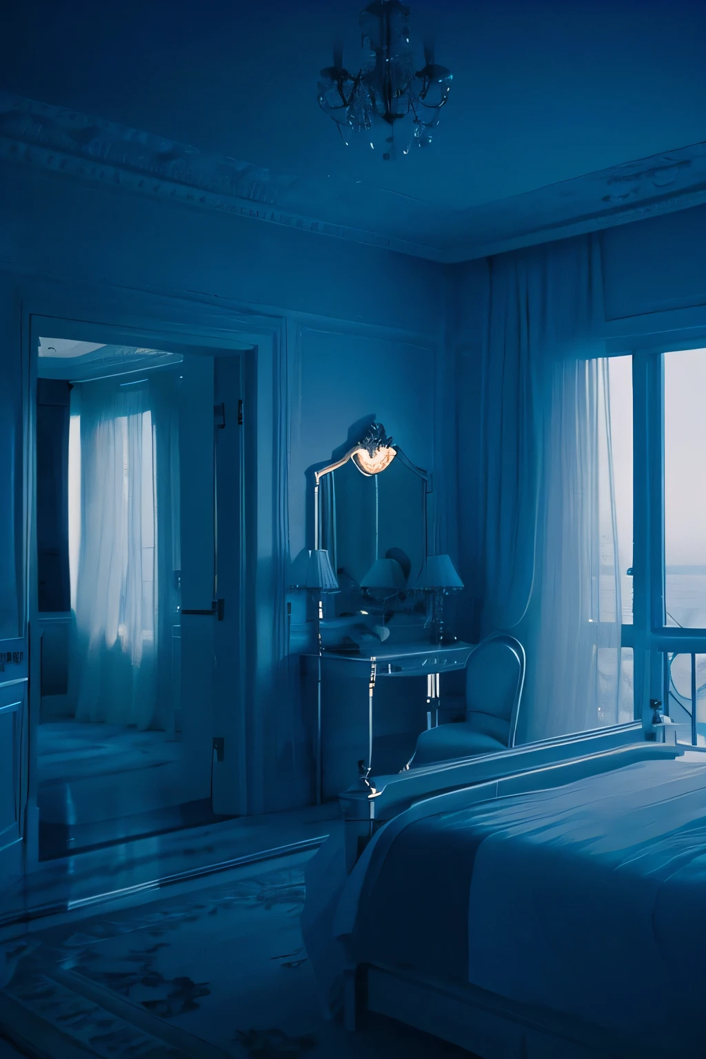 a white dreamy house, luxury bedroom, retro, foggy, soft focus, year of 1995, cool lighting, muted pastel colors, glowing atmosphere, dramatic shadows, cinematic composition, dream-like quality, ethereal, romantic, soft focus photography, dark blue hour, midnight, windy, marble, silver and mirrors, hazy