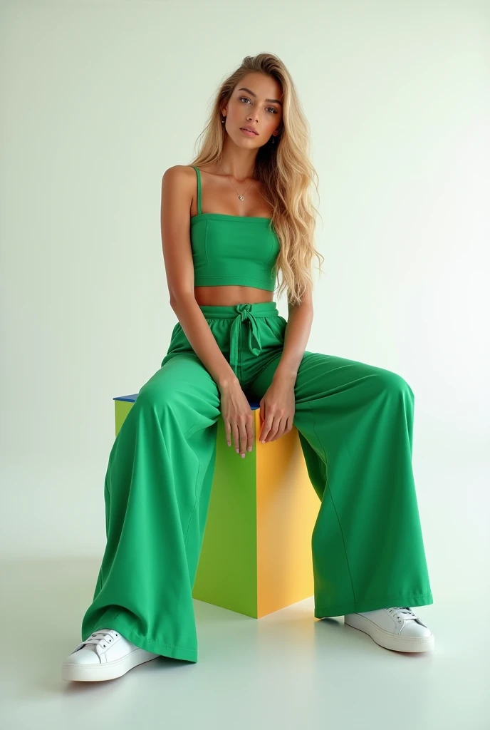 best qualityer:1.4), (ultra high resolution:1.2), (photorrealistic:1.4), (8k, CRU photo:1.2), 1 woman aged 26. black. hair long blonde.She&#39;s wearing a green crop top. He&#39;s wearing green palazzo pants. White sneakers. She is sitting on top of a colorful cube. You are in a photography studio with a white background. She is Brazilian. 