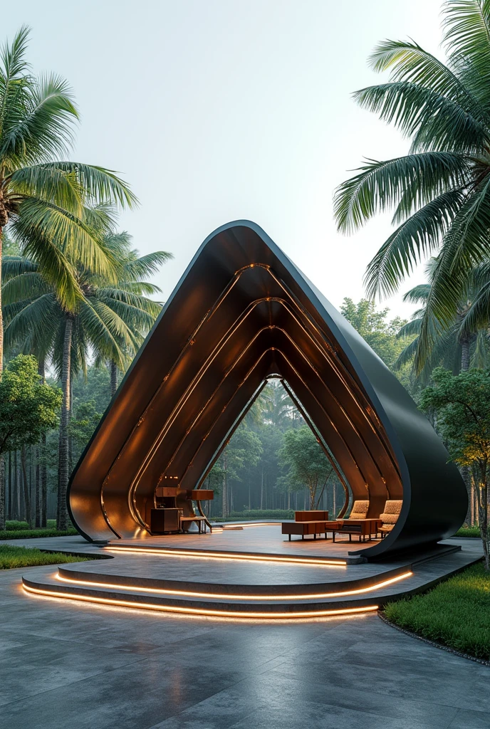 photorealism indonesia moveble platform with minangkabau roof design and with contemporary design metal structure