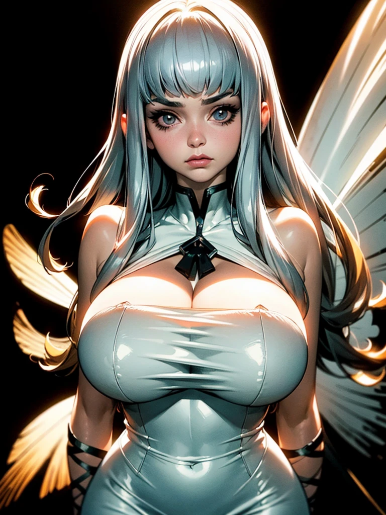 Generate an illustration of a mature Airy, boldly standard,  de terno preto, long hair, hair-bangs, hair flows straight down, gray hair, (gigantic breastss:1.4), white gown, anime-style clothing with serious style,  work of art, ((dark lighting)), black backdrop, swollen lips, thin abdomen, beautiful  face, fairy wings naughty