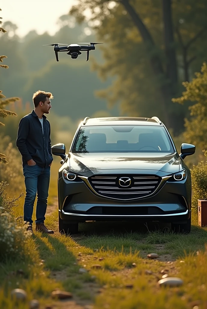 Create a picture of a man around 30 years old, standing next to a Mazda CX90 SUV. The car is dark grey.
The man is dark blond and has short hair. He wears loose clothes. A drone hovers next to the vehicle. A bee colony stands next to the vehicle.