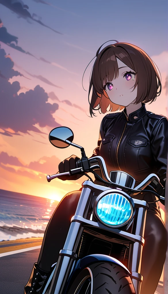 (1 person),(Best image quality, 8k, masterpiece:1.3), Anatomically correct, ((Brown hair bob cut:1.1)),(Swept-apart bangs,), (Cute eyes, Dark Eyes), (Mole under right eye), (thin),(Glowing Skin:1.1),(Pale skin:1.2),(Fantasyな雰囲気),(look up),Ultra-high resolution, Textured skin, Sparkle Effect, Fantasy,Bright Eyes,
Black Riders,Black Leather Pants,Black leather gloves,Black Leather Boots,American Helmet,goggles,
Riding American Motorcycles,Seaside Road,sunset,Sunset,
Widescreen,