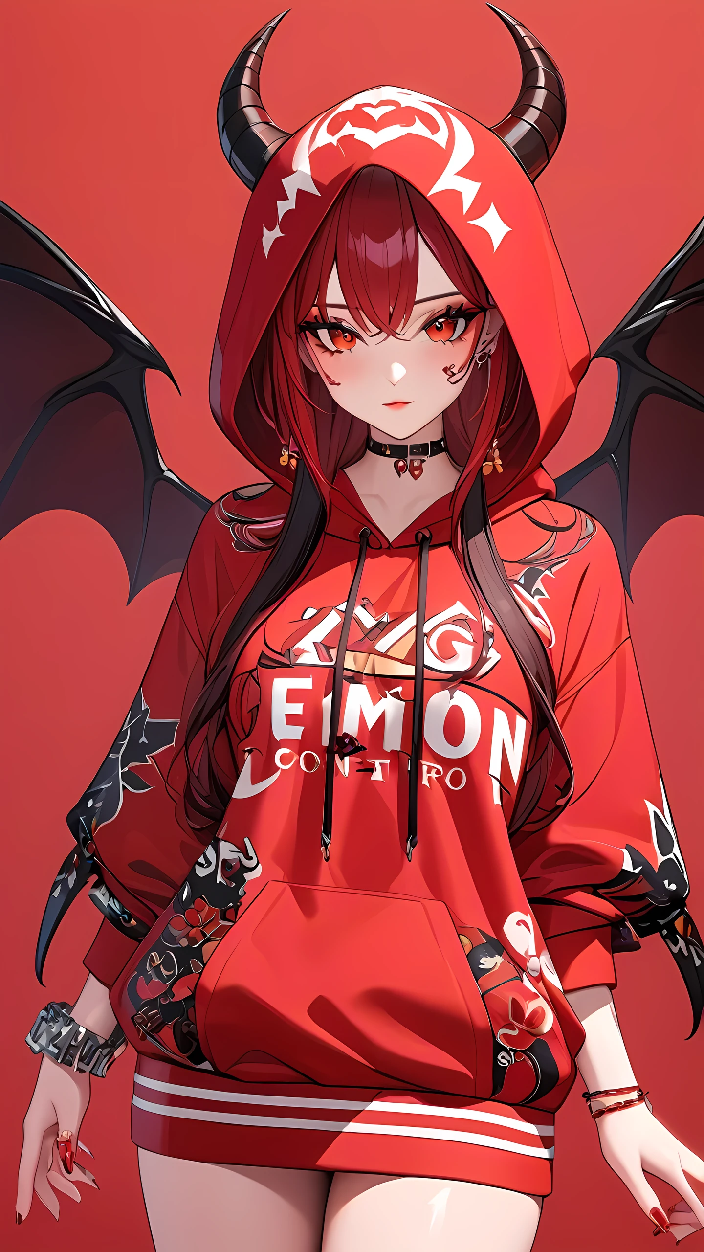 a 3D animated character,1girl, Her decked out in an big red themed ensemble,complete with a hoodie adorned, Her laid-back demeanor contrasts with the vibrant,demon accessories, ((on an red background)), array of tattoos, masterpiece,best quality,