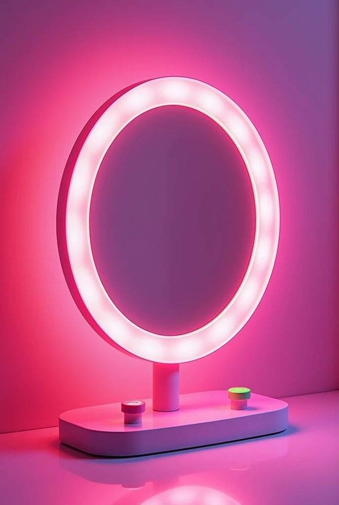 a pink mirror with lights around it with a red and a green button