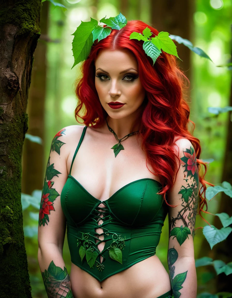 arafed woman with red hair and tattoos posing in a forest, goddess of the forest, dryad in the forest, forest fae, poison ivy, queen of the forest, fantasy photoshoot, nature goddess, forest fairy, poison ivy from batman, in the deep forest, ivy, deep in the forest, in the jungle, in a deep forest, goddess of nature