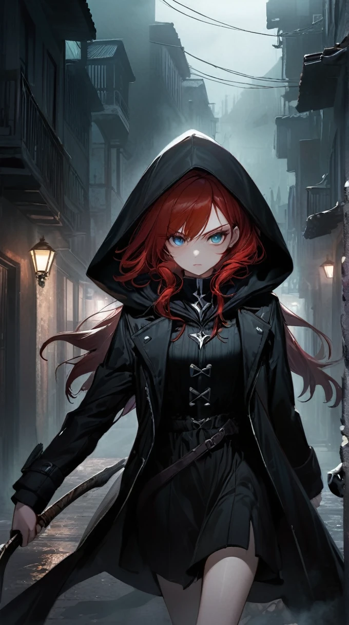 Best quality, realistic, a girl with red hair and detailed eyes and face, wearing a black dress, with a black overcoat, and a person with a black hood over their head. The scene depicts a huntress inspired by the style of Van Helsing. The background is a dark, mysterious setting with dimly lit streets and fog. The colors are rich and vibrant, with a dark and moody color palette. The lighting is dramatic, casting long shadows and highlighting the girl's determined expression. The overall image should have a cinematic and thrilling atmosphere, capturing the essence of a fierce and skilled huntress in action.