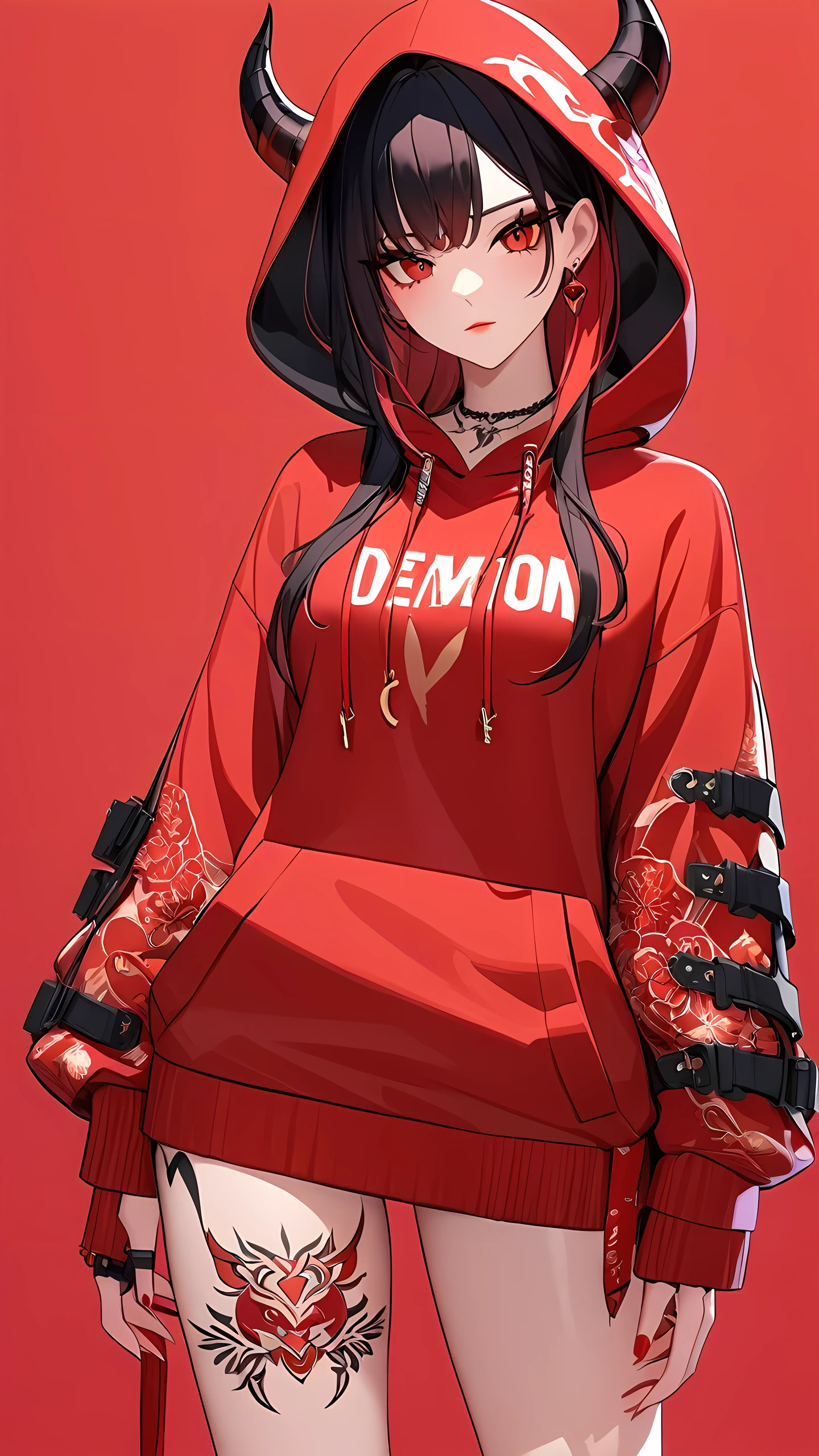 a 3D animated character,1girl, Her decked out in an big red themed ensemble,complete with a hoodie adorned, Her laid-back demeanor contrasts with the vibrant,demon accessories, ((on an red background)), array of tattoos, masterpiece,best quality,