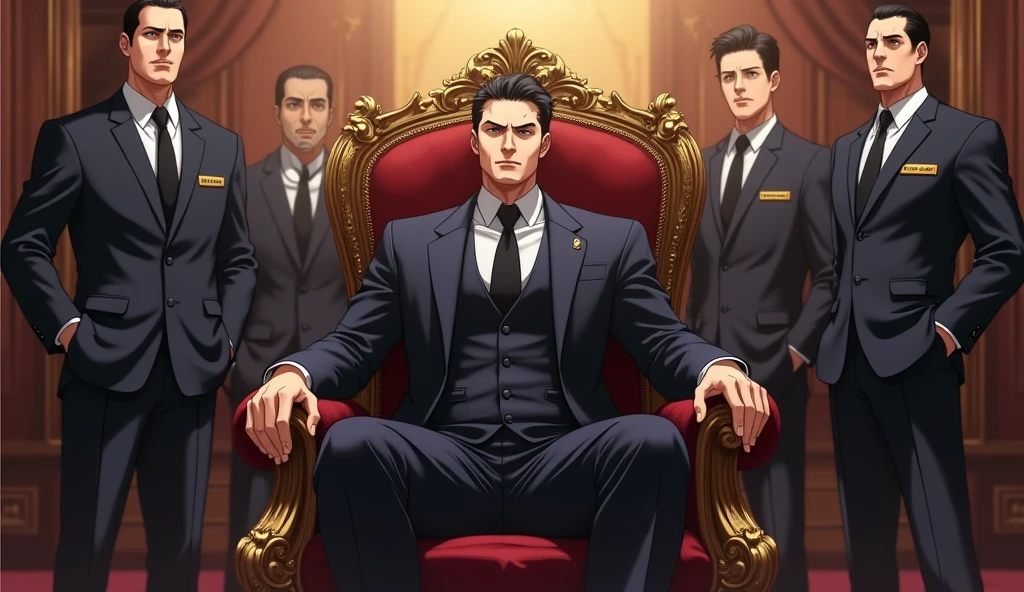 Make an anima a man set on chair and also he has a lot of bodyguards around him.