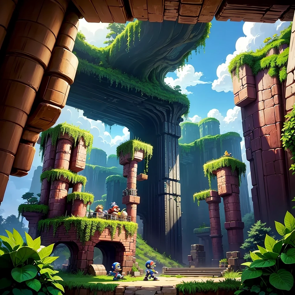 A jungle of platform games, Trees, blocky, stones, chests, leathers, Mario, azur, sonic, megaman, side scroller,