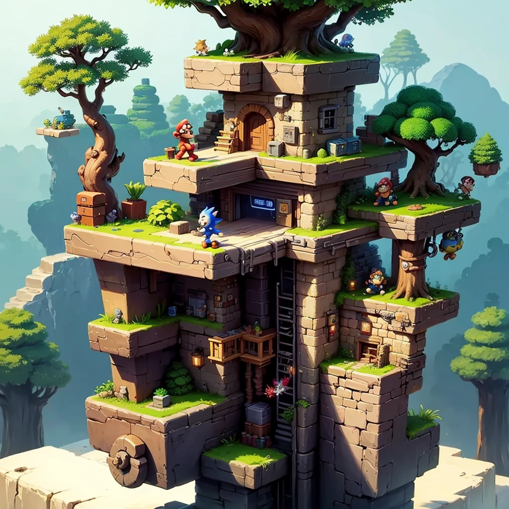 A jungle of platform games, Trees, blocky, stones, chests, leathers, Mario, azur, sonic, megaman, side scroller,