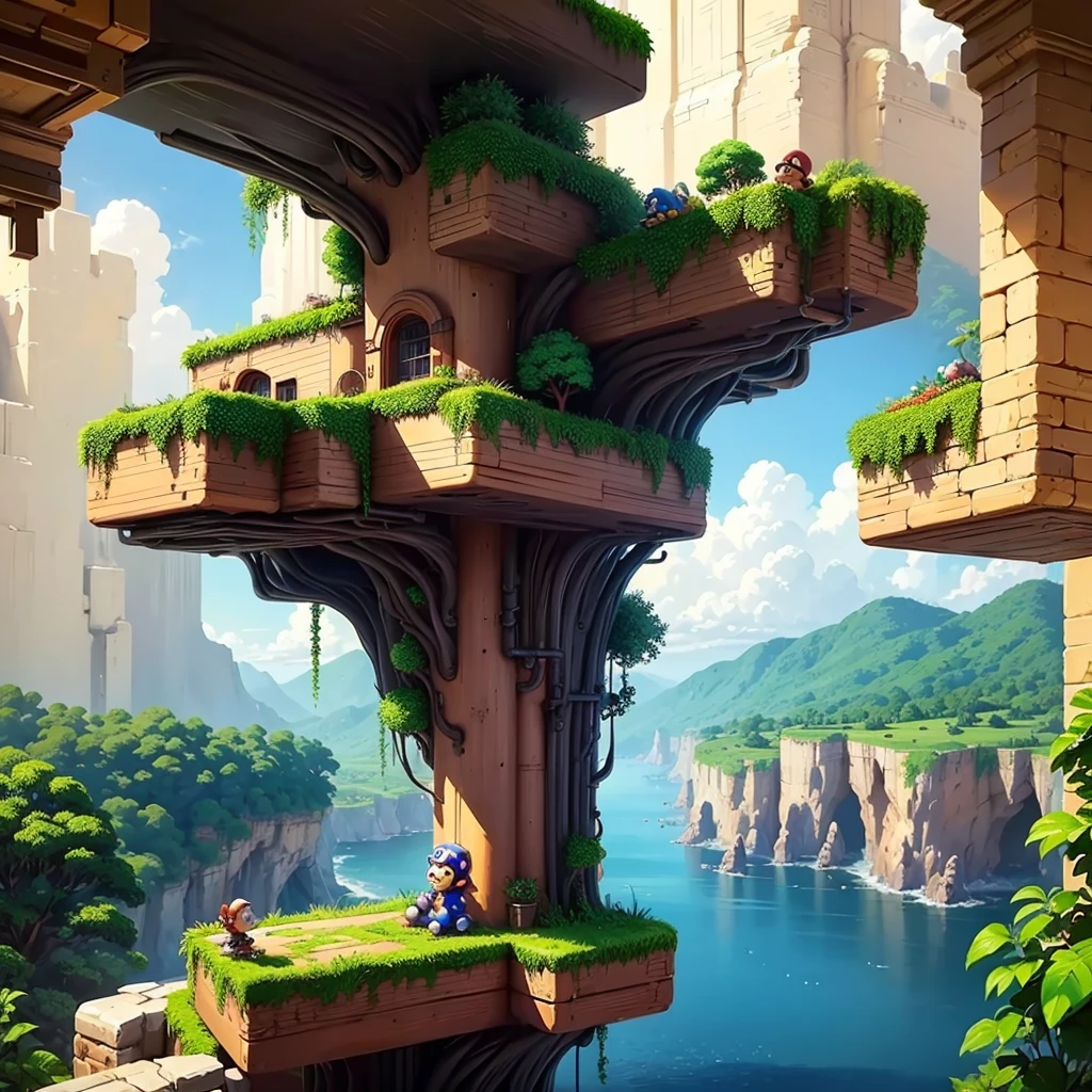 A jungle of platform games, Trees, blocky, stones, chests, leathers, Mario, azur, sonic, megaman, side scroller,