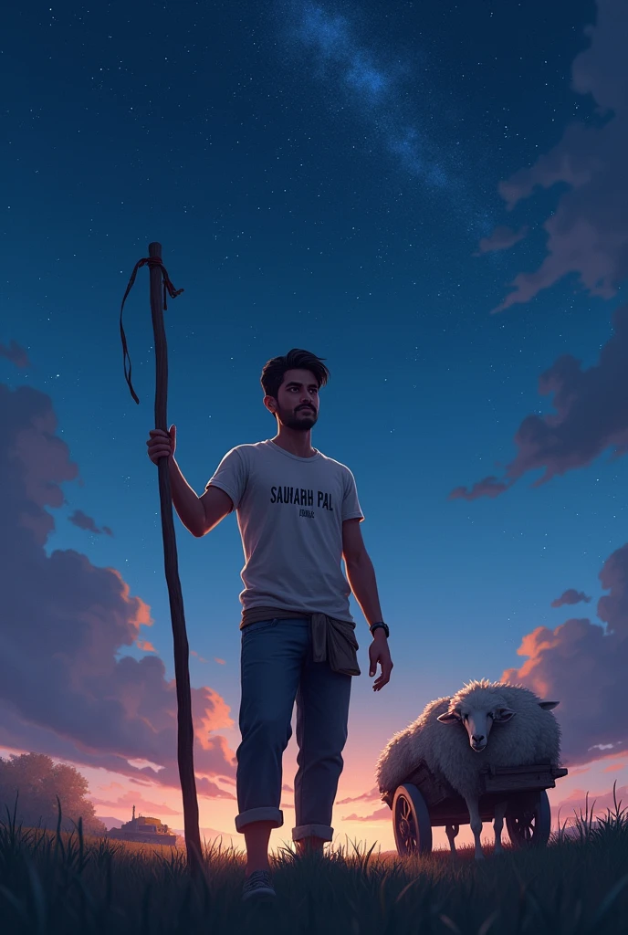 Mera t shirt me Mera nam saurabh pal likha ho hath me lathi sir me safa bad Tare tim time rahe hai aur sheep car Rahi ho age 18 year