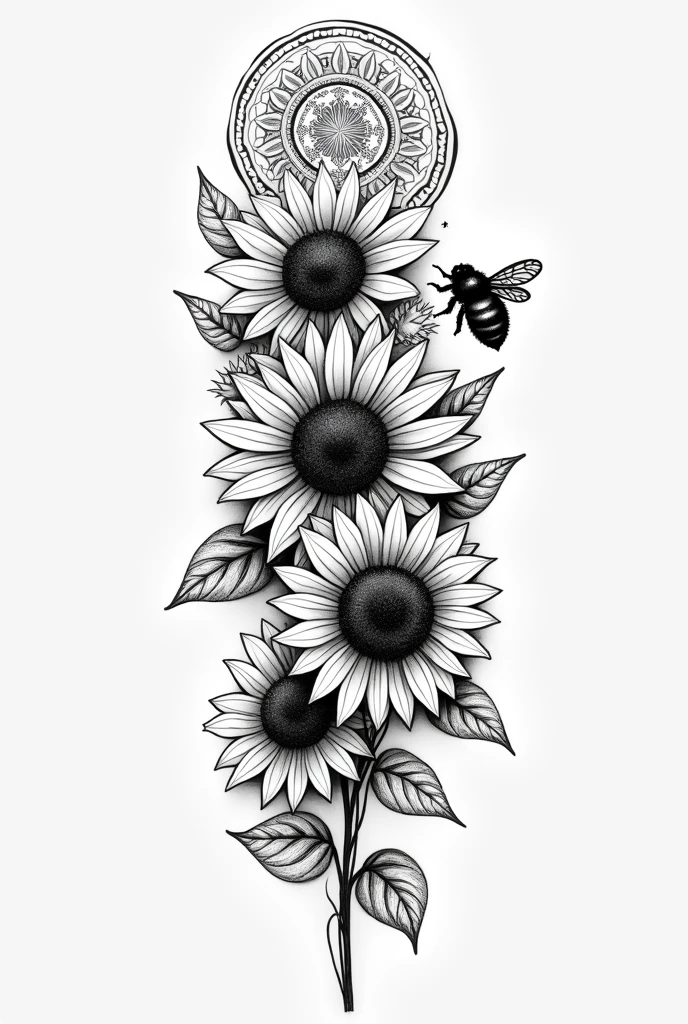 Tattoo template, for the entire forearm. The main focus should be sunflowers, also single mandala and a bee. black-and-white, fineline