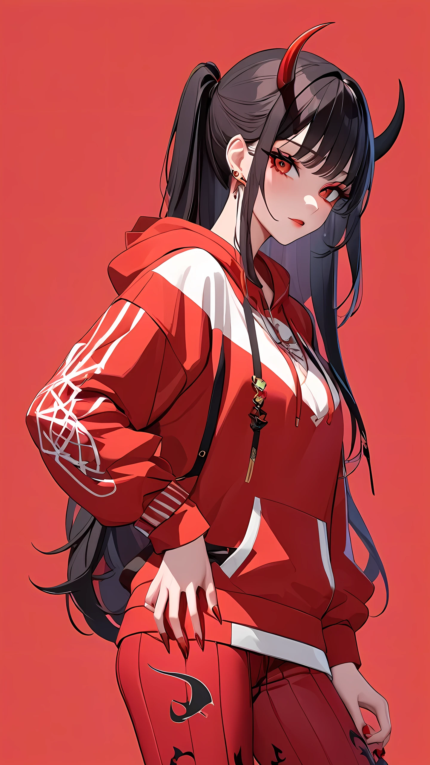 a 3D animated character,1girl, Her decked out in an big red themed ensemble,complete with a hoodie adorned, Her laid-back demeanor contrasts with the vibrant,demon accessories, ((on an red background)), array of tattoos, masterpiece,best quality,