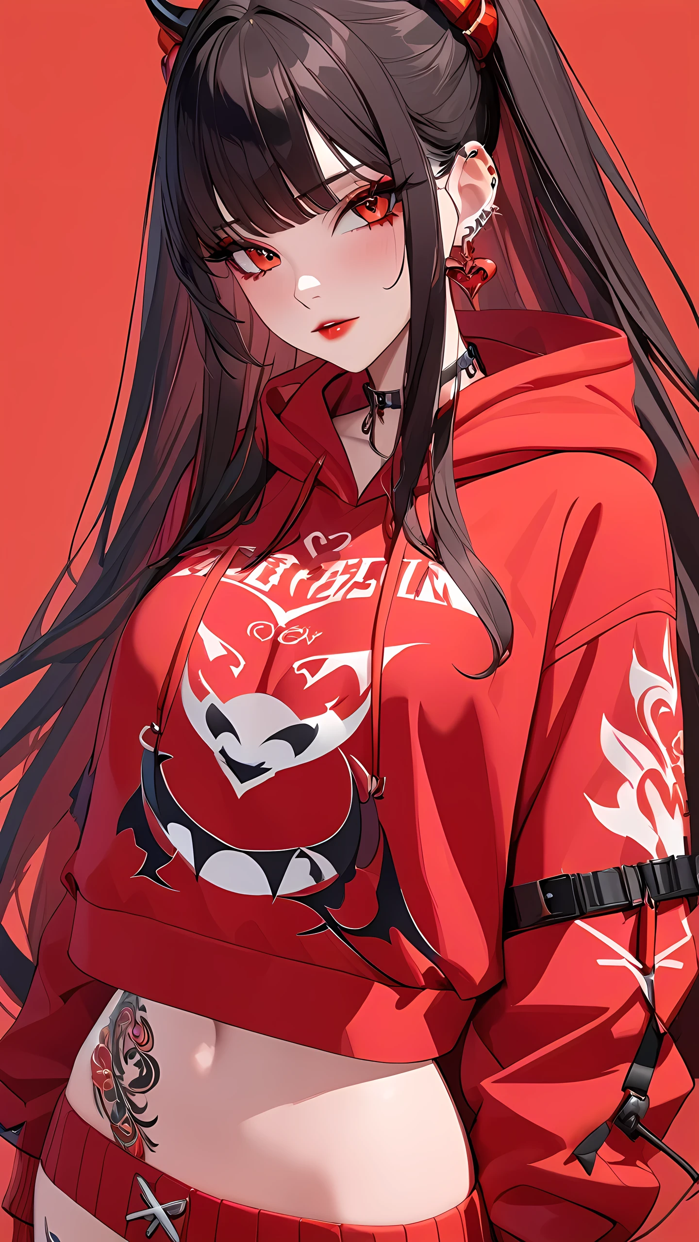 a 3D animated character,1girl, Her decked out in an big red themed ensemble,complete with a hoodie adorned, Her laid-back demeanor contrasts with the vibrant,demon accessories, ((on an red background)), array of tattoos, masterpiece,best quality,