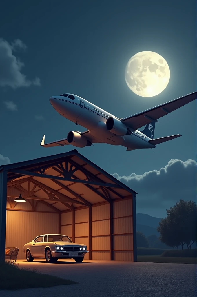 Create a airplane/ helicopter 4D wallpaper with pleasent moon light with a car parked in a hanger