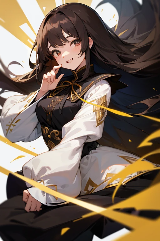 Woman, long straight brown hair, white blouse with puffed sleeves, black ribbon around her neck, long black skirt with gold embroidery, black peplum with the same pattern, black high heel boots, white hood covering her eyes, funny smile.