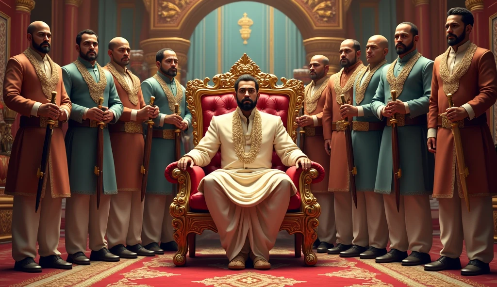 Make an anima a man set on chair and also he has a lot of bodyguards around him in india.
