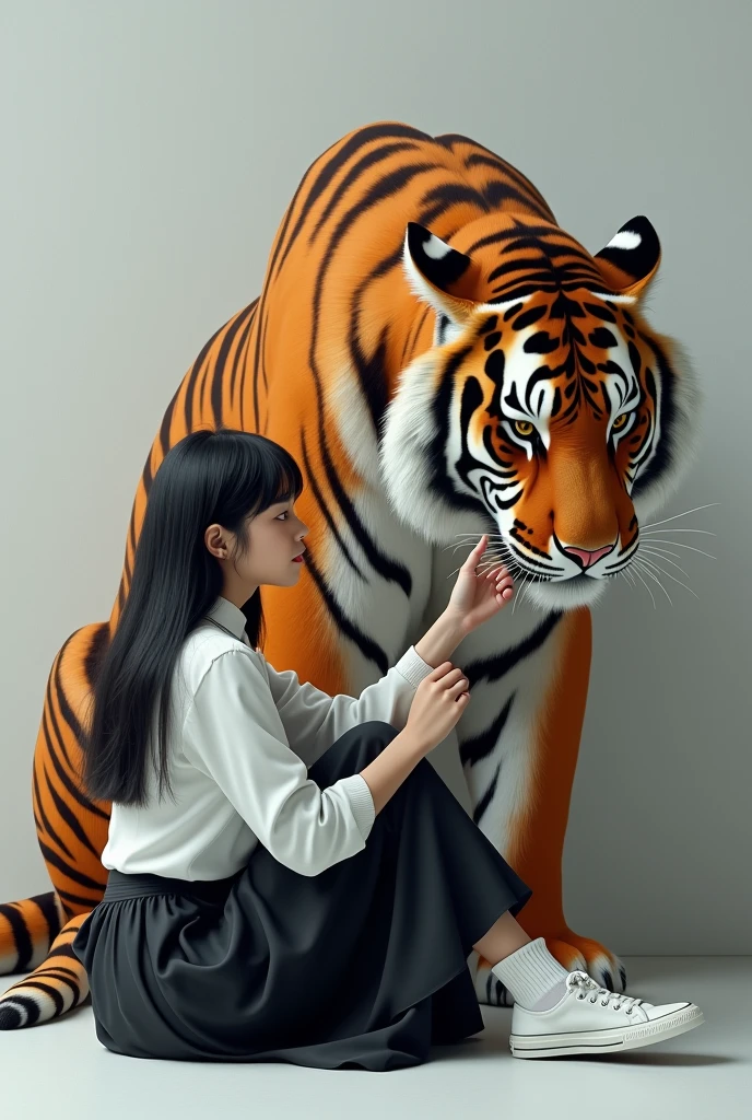 created a very real 3D painting image, a beautiful long-haired Japanese woman, wearing a long-sleeved white shirt, long black plisket skirt, shorts, long white socks and sneakers, looking forward with a sharp gaze, sitting and leaning on the body of a A giant tiger with a ferocious face, sharp fangs with a wild gaze, gently stroking the tiger's body, the background is a white and gray wall, an image with a touch of 3D quality, cinematic, photographic