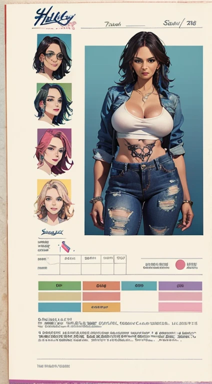 Halle Berry wearing ripped jeans, with long blue hair, tattoos on hands and neck, riding a Harley Davidson motorcycle, both hands on the handle bars, thick thighs, wide hips, thick thighs, enormous lips, pink lips, (CharacterSheet:1), (multiple views full body upper body reference sheet:1)