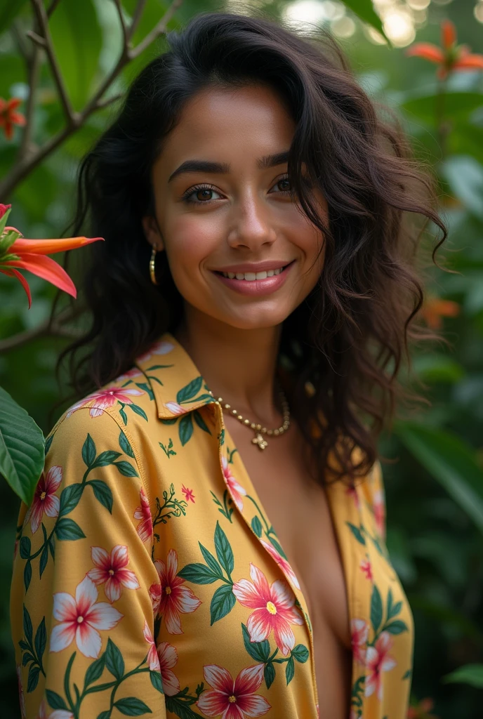 A Brazilian woman in a lush tropical garden, wearing an open shirt with a floral print, with a close-up capturing the harmonious beauty between her breasts and the natural flowers, showing off your natural charm and outgoing personality.