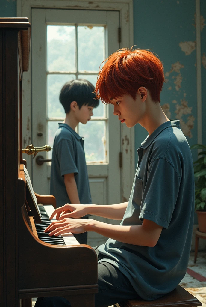 Two hyper realistic 26 year old Asian boys with different characteristics. A red-haired boy with hazel eyes playing the piano in casual clothes in an abandoned house looking at another boy through a mirror. In the mirror there will be a boy with black hair and blue-black eyes in a school uniform, at school. (representation of different worlds and dimensions) young adult novel Hyper super realistic boys.