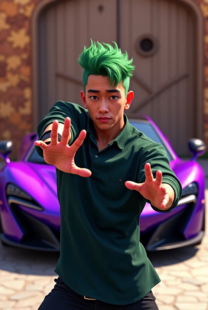 a half body man doing hand pose  green short puff hair  .  clean shave wearing and in the background  there is mclaren p1  in purple color standing in the side . in background there is designed wall
