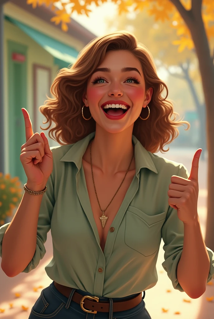 Young woman pointing to her left side and looking very happy in 1920x1024 resolution