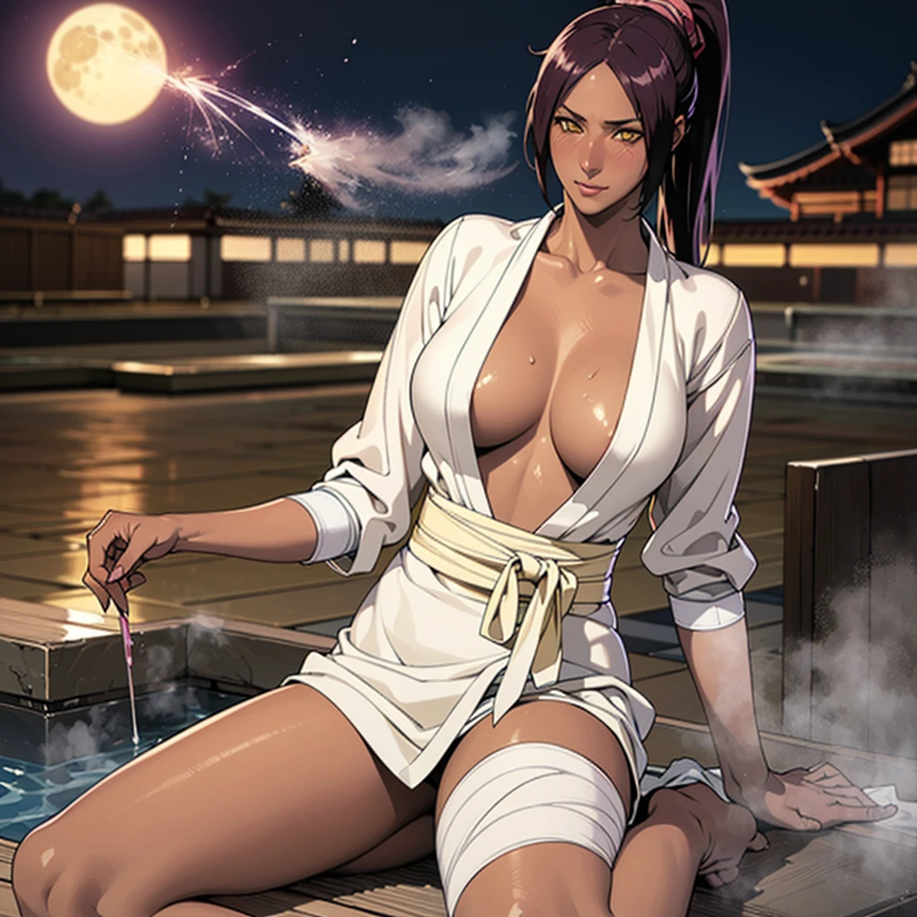 ((Master quality, 8K, masterpiece:1.3, ultra-detailed, high resolution, RAW Photos, detailed , blurry, Actual, hyper realistic, photo, HDR)), BREAK, Anatomically perfect, perfect hands, perfect legs, perfect feet, detailed eyes, BREAK, One person alone, yoruichi shihouin, long hair, (yellow eyes:1.5), ponytail, purple hair, (((dark skin, dark-skinned female))),, BREAK, beautiful face, beautiful detailed eyes, (staring at the camera , Sitting, Soak up to your chest in hot springs), , ( Round and Stacked Breasts, Erect nipples:0.8 ), Cleavage, abs, (((blush, seductive smile ))), Sweat-soaked skin, BREAK, wearing(topless, white bandage for the chest only, Japanese Loincloth, Wet:1.5, see-through), , Graffiti art, BREAK, ( Random Angle, full-body, ), dynamic angle, , background(Realistic , cinematic lighting, depth of field, night , only one the full moon,, Samurai residence city atmosphere, hot spring , (((Rising steam))), light particles)