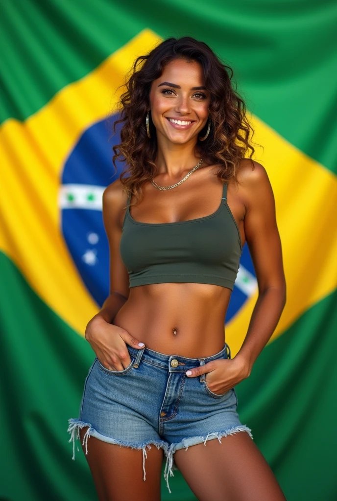 A Brazilian woman , with Brazilian flag in the background, he is wearing short jean shorts, and extroverted 