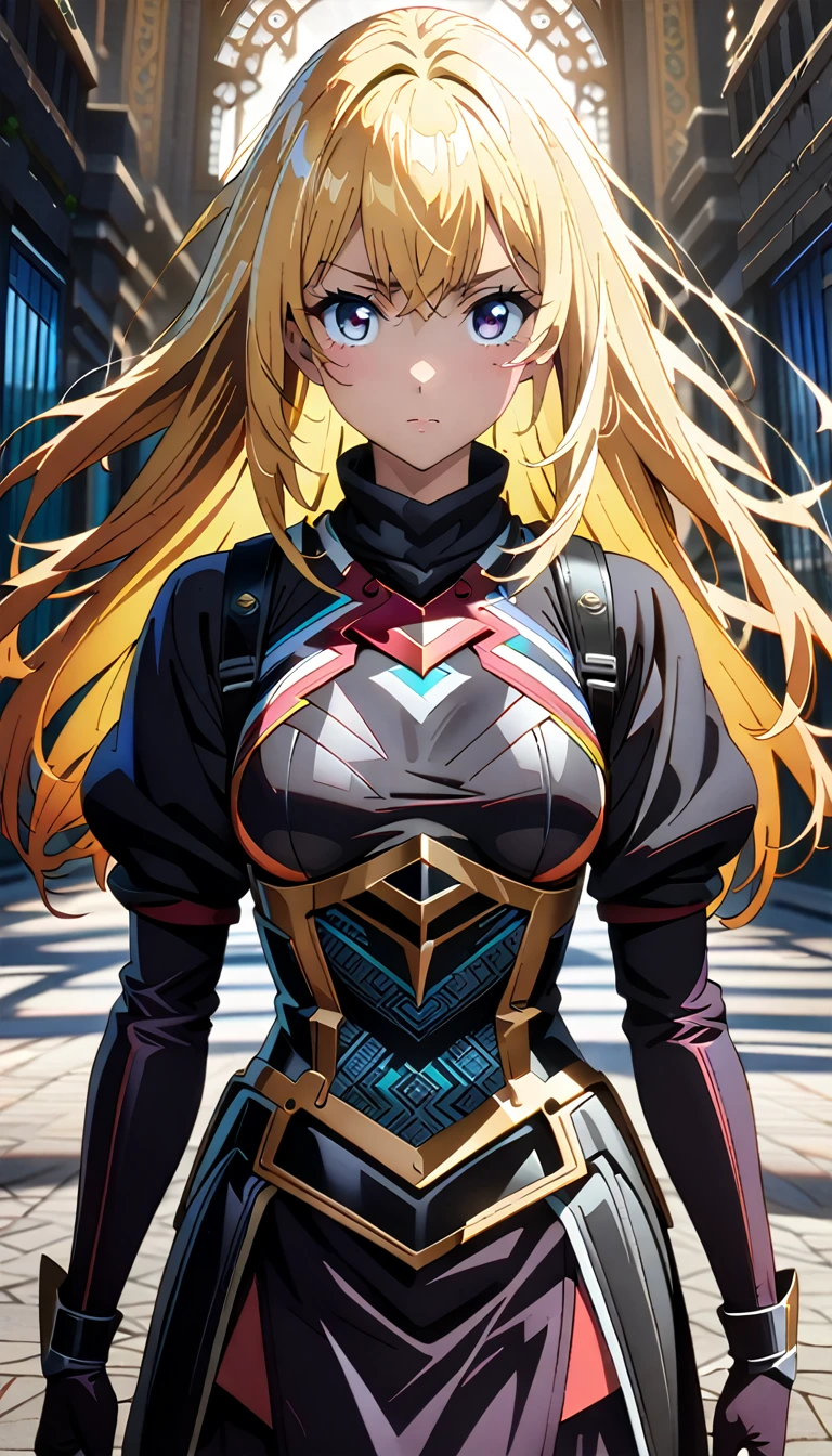 1girl,(Medium breast),(long yellow hair),(Black armored clothing),(tight skirt),(Black eyes),(masterpiece:1.5), (8k details:1.3), (unlimited details:1.2), (best eyes:1.4), (ultra clothes details:1.3), (highly detailed background), (vibrant colors), (dynamic lighting), (realistic skin texture), (intricate patterns), (sharp focus), (full-body view), (natural poses), (expressive emotions), (cinematic composition),(anime style),(ultra details anime style)