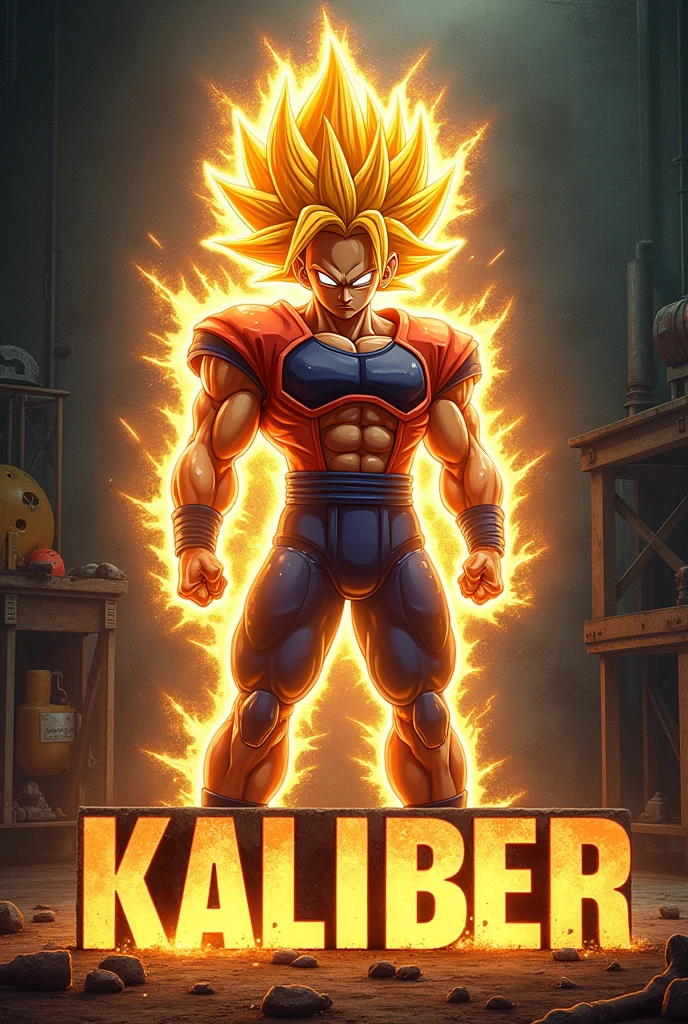 Super saiyan Football playing welder with KALIBER underneath in big letters