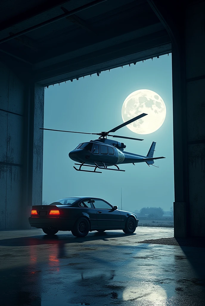 Create a helicopter 4D wallpaper with pleasent moon light with a car parked in a hanger