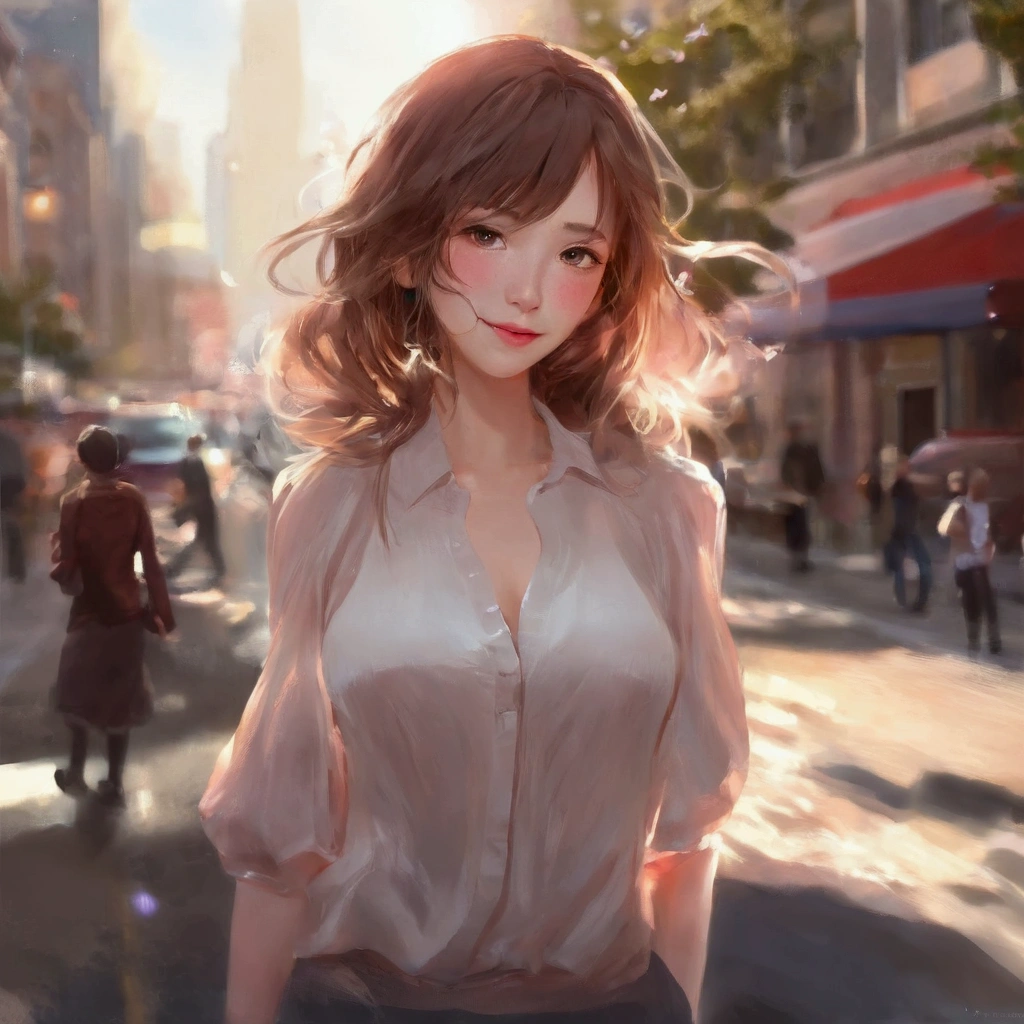 best quality, photorealistic, 1girl, woman,(skindentation), medium breast, (bright), (professional lighting, bokeh), (street), people, crowds, braided bangs, (blouse:1.5), (portait:0.8), gorgeous, bloom, floating hair, (dynamic pose:0.6) , soft lighting, 