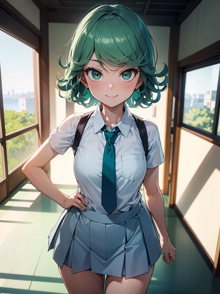 (high res, 8K, masterpiece, looking at viewer, best quality, very aesthetic, ultra detailed, ultra background, ultra Eyes) intricate details, 1girl, Tatsumaki, short sleeved white shirt, Light Blue Gray short skirt, Pockets on the left chest, light Blue Gray tie, green short hair, green eyes, Smile Face, Background School Hallway, Cinematic Angle