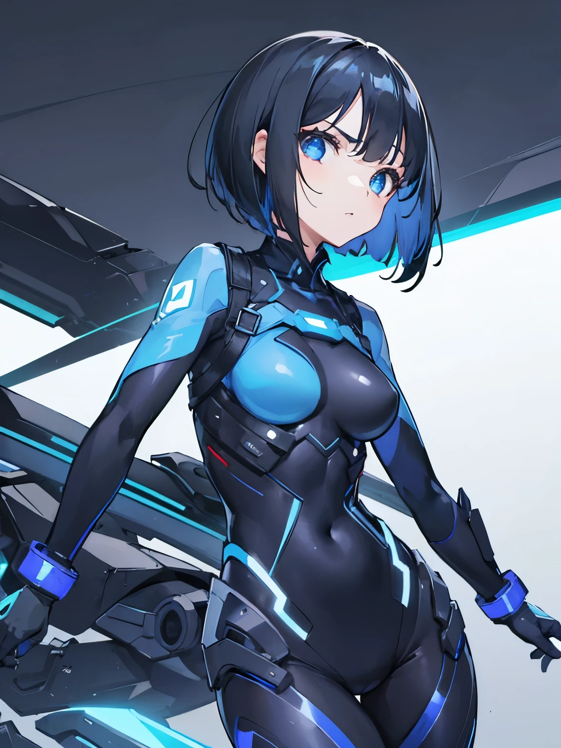 (girl), (solo), (short straight black hair), (futuristic blue clothes)