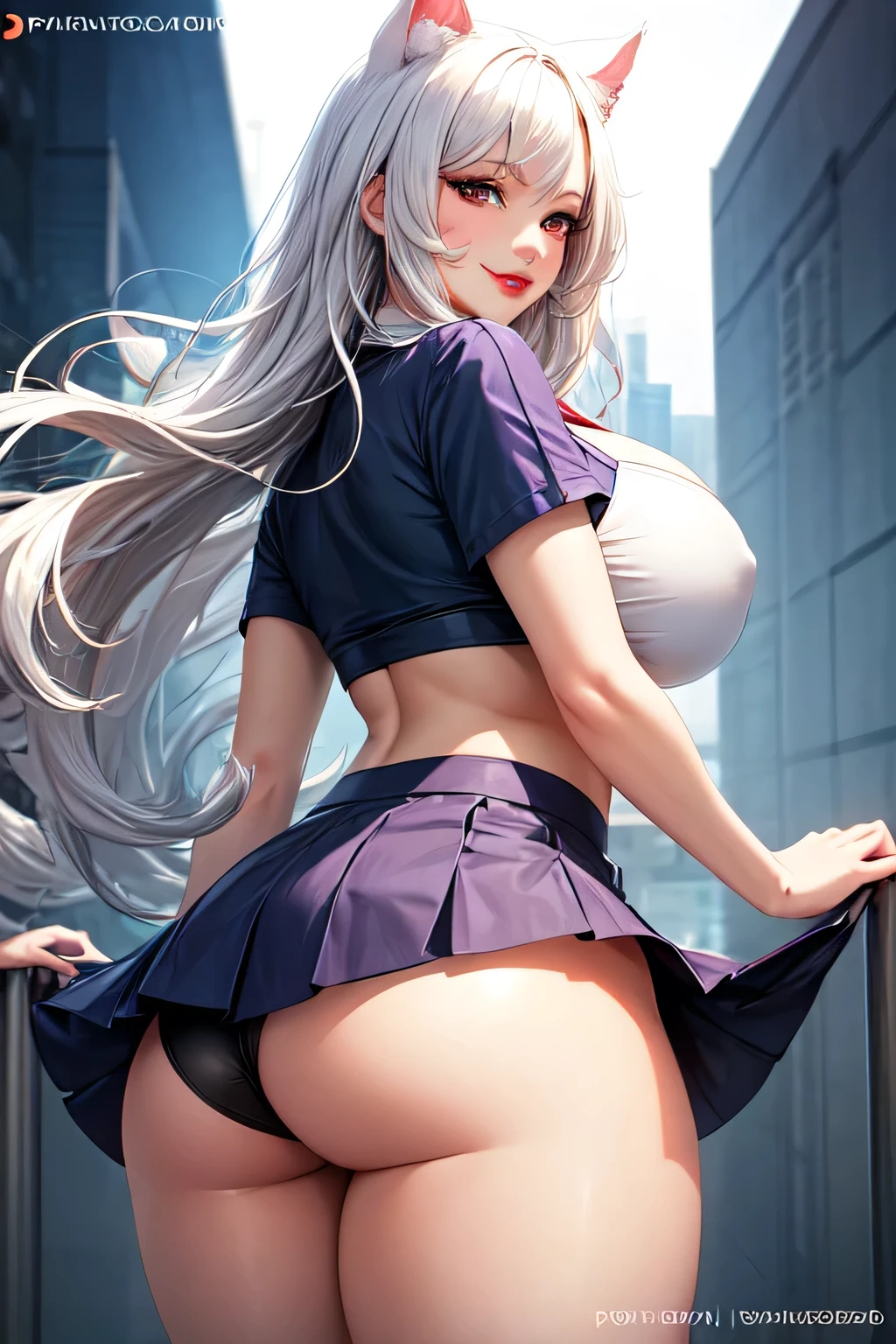 ((exceptional quality)), ((masterpiece)), (detailed), perfect face, perfect eyes, expressive eyes, long wavy white hair, white cat ears, gigantic breasts, thick thighs, red eyes, bratty, lips parted slightly, lips curled into a smirk, red lipstick, short sleeve crop top, black and purple flowing latex skirt, back turned, view from behind, ass, skirt pulled up slightly, POV from below