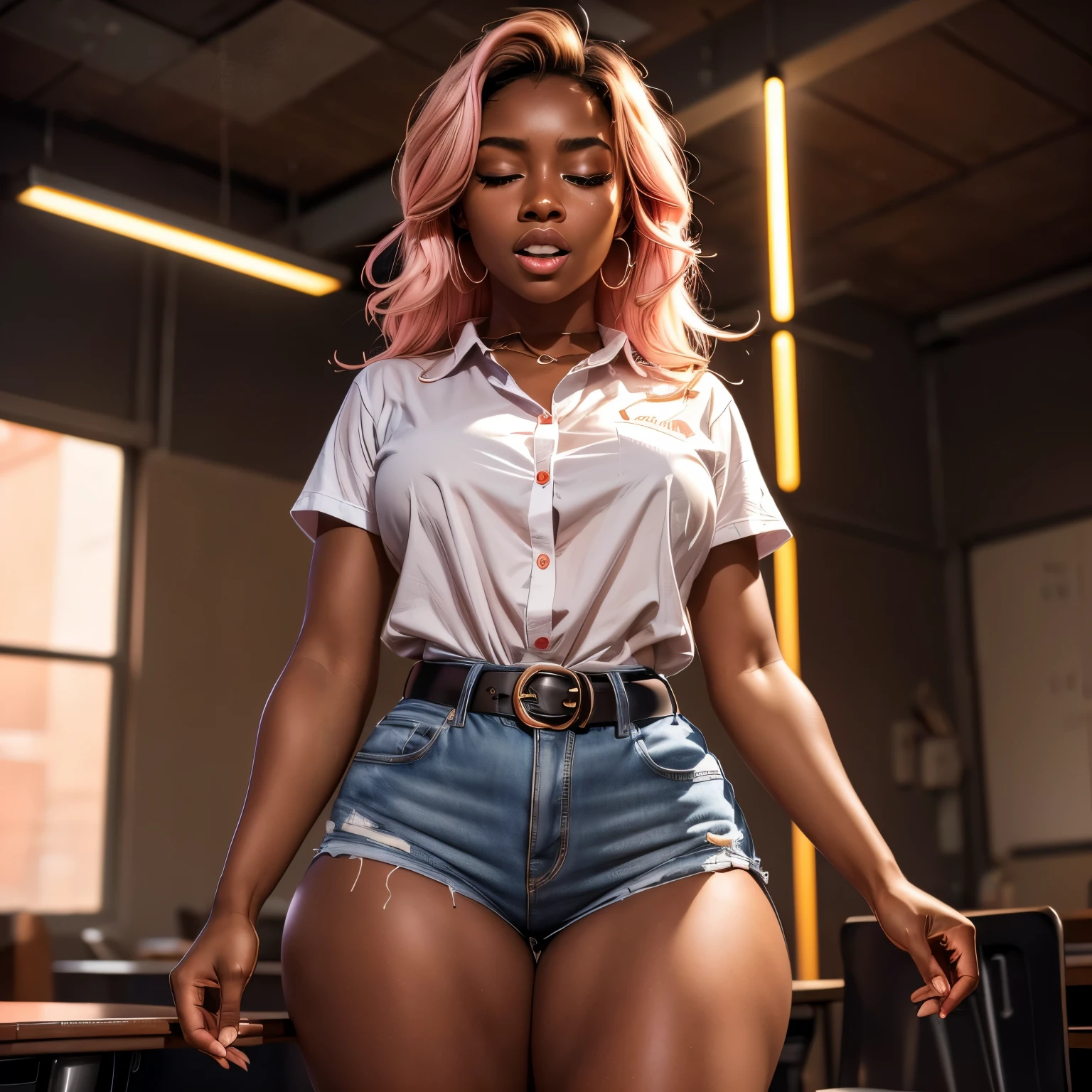 in classroom, (18 years old), (dark skin), dark skin, wide shot, blond hair, orgasm, (white button down top, pink shorts with belt), (Masterpiece, Professional lighting, 16k, 8k wallpaper, raw photo, photorealistic:1.8, ultra detailed, natural lighting, detailed skin sexy pose, open mouth, big lips, night time, eyes closed, magic energy, neon light, orgasm, screaming, thick thighs,