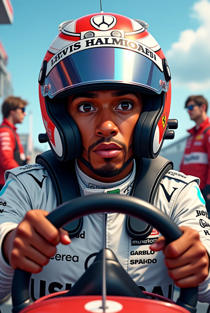 Crie uma imagem do piloto real e profissional lewis hamilton no carro dand his team, in cartoon style, but not exaggerated, i.e., in common proportions, but in a drawn style (Kinda realistic). He will be driving his car, but the photo will be approximated, focusing on your face, your hand driving the car, and his team. The photo will be from outside the car, na vertical, but not too close and not too far. Average distance. The character will be wearing a helmet, but you have to be able to identify that it is the pilot Lewis Hamilton, and the style even being the way I said, You have to draw traces of reality too