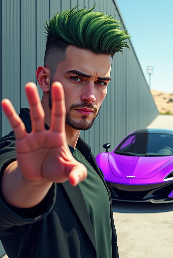 a half body man doing hand pose with one hand green short puff hair . clean shave wearing and in the background there is mclaren p1 in purple color standing in the side . in background there is designed wall