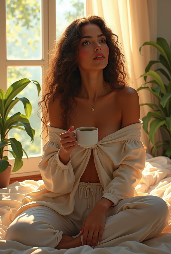 (photorealism:1.2), beautiful woman, sitting on bed, wearing loose off-shoulder top, pajama pants, long curly hair, indoors, soft lighting, plants in background, window with sunlight, cozy room, relaxed pose, realistic, intricate details, warm colors, and having morning coffee by Greg Rutkowski, by Alphonse Mucha