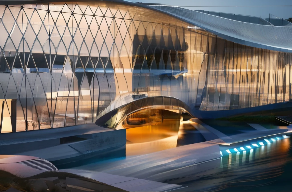 a stunning glass facade and curved roof harbor and have a river inside building by foster and partners, award winning architecture at the waterfront, night scene, highly detailed, photorealistic, 8k, cinematic lighting, dramatic shadows, mesmerizing reflections on water, serene atmosphere, minimalist modern design, Archdaily style photo