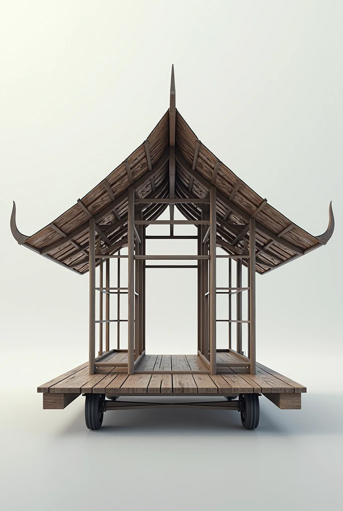 photorealism indonesia moveble platform with minangkabau roof design as concept and contemporary design metal structure, only metal structure with wheel.