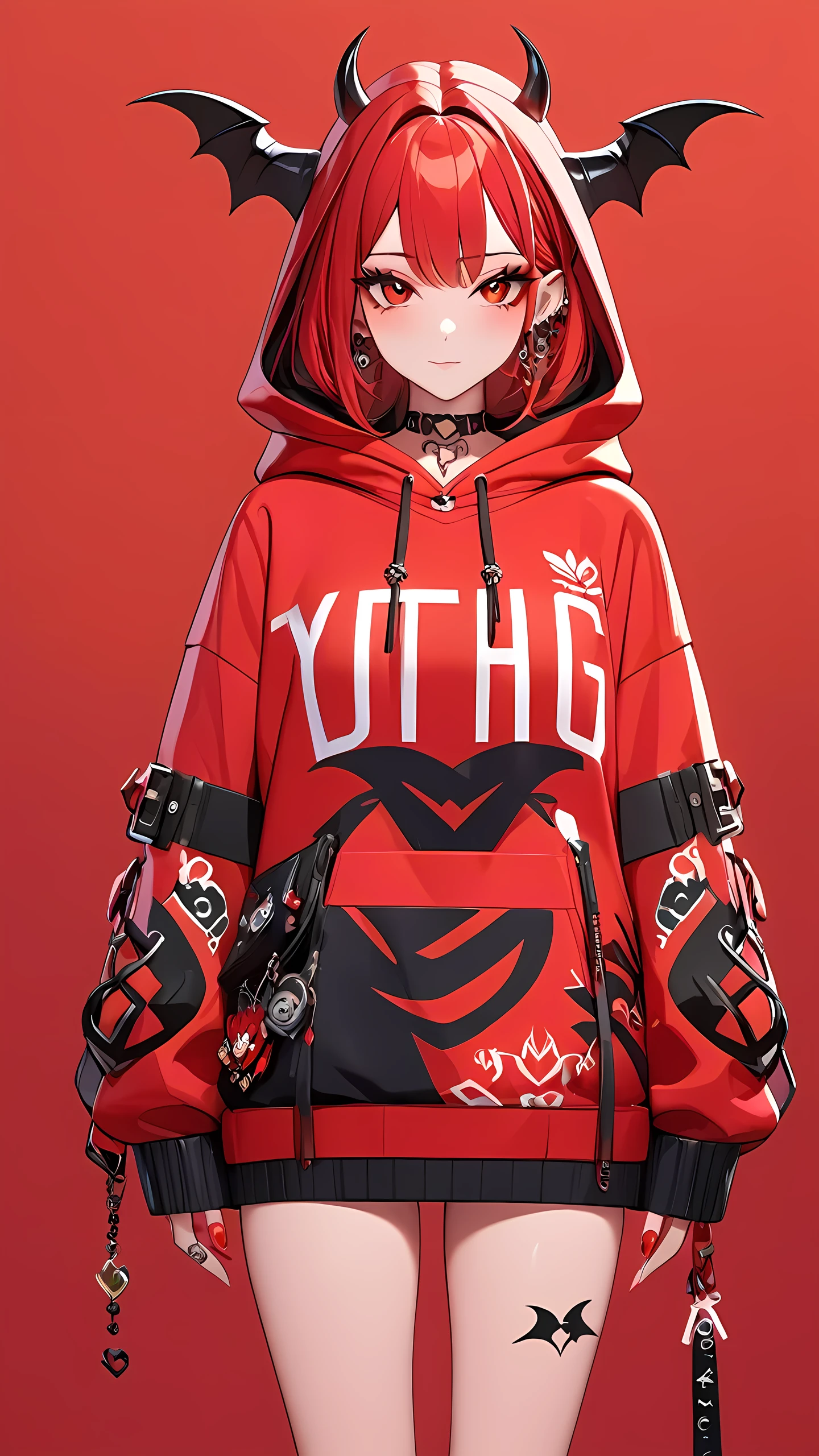 a 3D animated character,1girl, Her decked out in an big red themed ensemble,complete with a hoodie adorned, Her laid-back demeanor contrasts with the vibrant,demon accessories, ((on an red background)), array of tattoos, masterpiece,best quality,